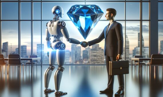 Futuristic startup robot with sleek, metallic design shaking hands with a human executive dressed in a formal