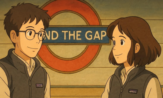 Two people facing each other with the TFL mind the gap logo behind them on a wall.