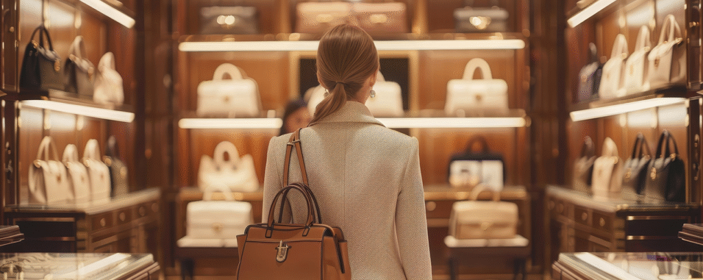 A woman standing in front of a shelf with luxury bags.