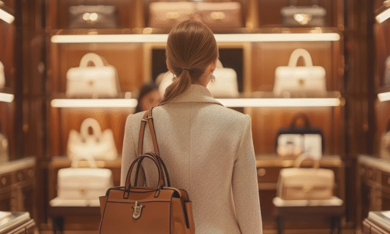 Woman standing in front of a shelf with luxury bags